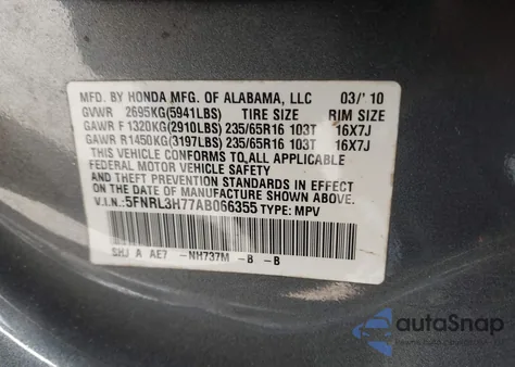 2010 Honda Odyssey Ex-L из США, поврежденный, VIN 5FNRL3H77AB066355